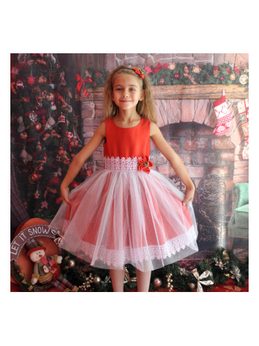 Официална детска рокля в червено и бяло с дантела