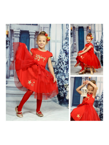 Празнична детска рокля в червено със златисти балеринки и тюл