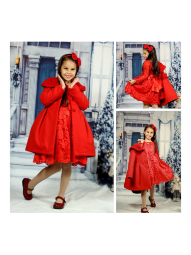 Комплект от палто и рокля от дантела в червено