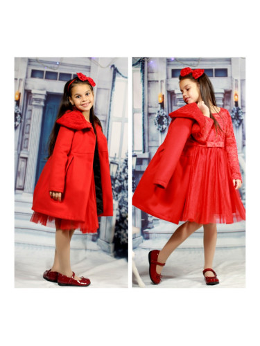 Комплект от палто и рокля от дантела и тюл в червено