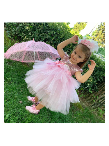 Официална детска рокля Хава в розово от пайети и тюл на пластове тип т