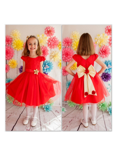 Официална детска рокля Маринела с дантела и тюл в червено с голяма пан