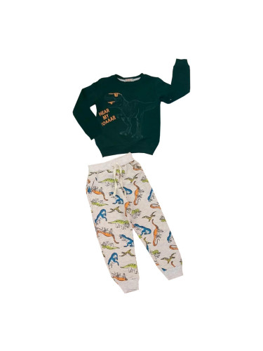  Комплект за момче от блуза в зелено и панталонки в бяло с динозаври