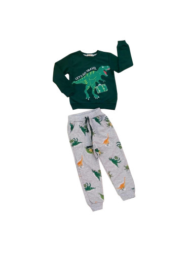  Комплект за момче от блуза в зелено и панталонки с динозаври