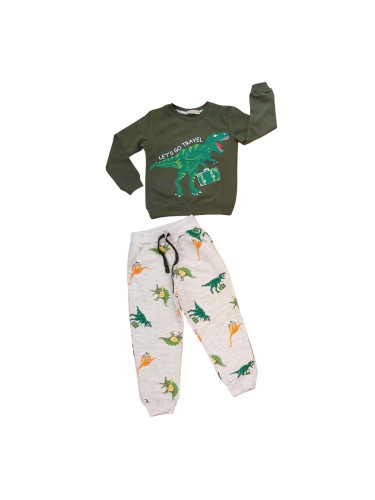  Комплект за момче от блуза с динозавър и панталонки в бяло