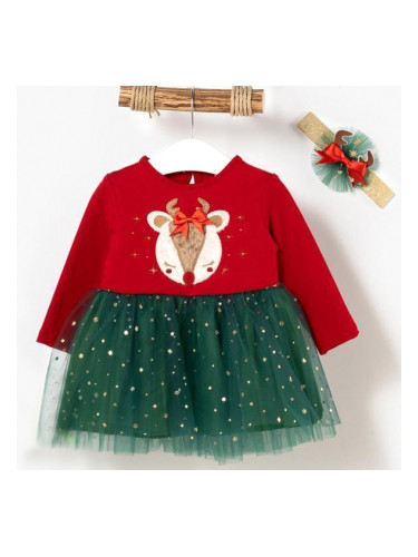 Коледна детска рокля в червено с елен, тюл в зелено и лента за коса 83