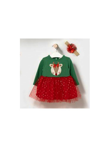 Коледна детска рокля в зелено с елен, тюл в червено и лента за коса 88