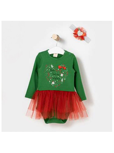 Коледна детска рокля в зелено с надписи, тюл в червено и лента за коса