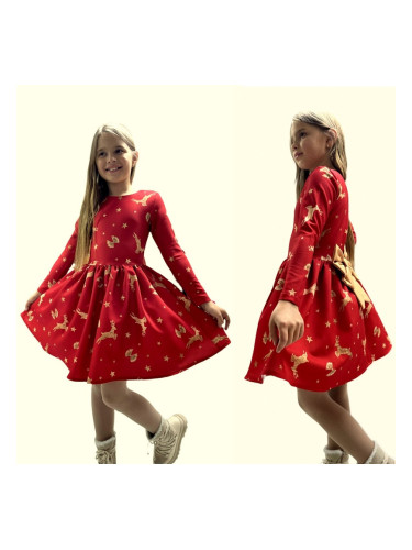Детска рокля с дълъг ръкав в червено с еленчета и панделки
