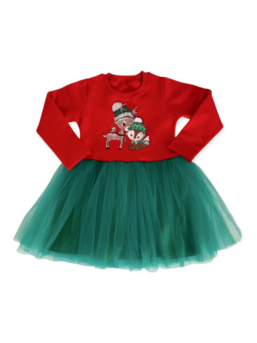 Коледна бебешка/детска рокля в червено с тюл в зелено с еленче