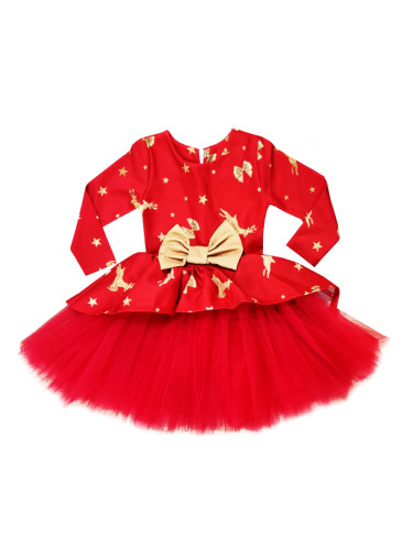 Детска/бебешки рокля с дълъг ръкав с тюл в червено с еленчета и пандел