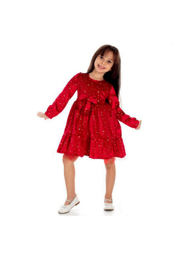 Детска рокля в червено с дълъг ръкав със звездички в златисто