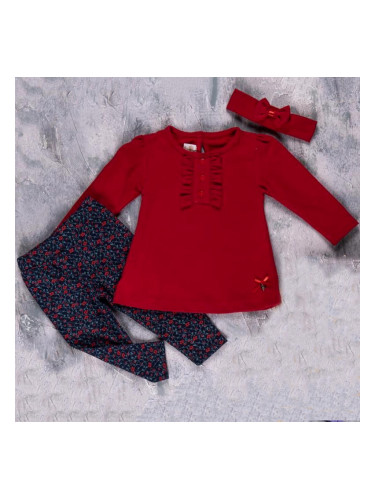 Бебешки комплект от блуза с дълъг ръкав в червено, клин и лента за кос