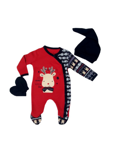 Коледен комплект от бебешки гащеризон с еленче, ръкавички и шапка 