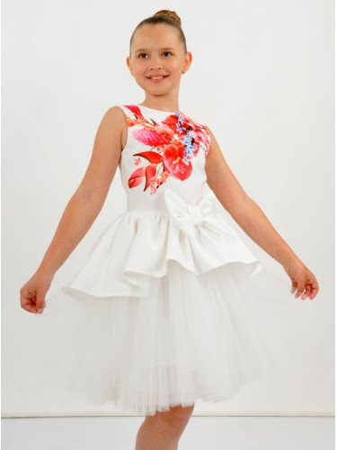 Официална детска рокля Надежда с тюл в бяло с цветя