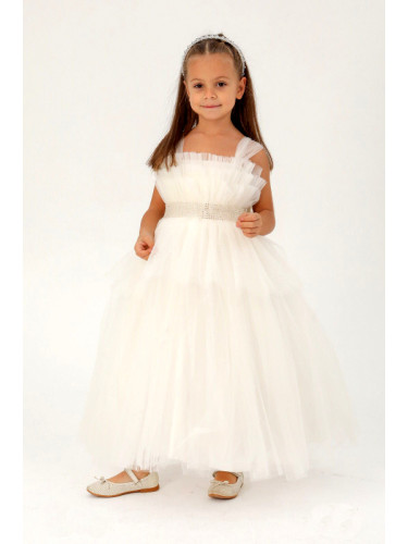 Официална детска дълга рокля без ръкав в бяло с тюл