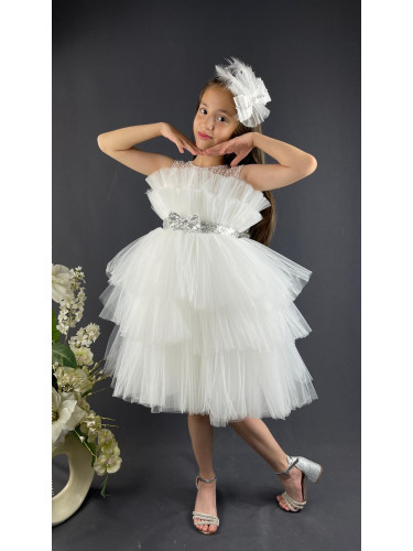 Официална детска рокля без ръкав с богат тюл в бяло и панделка за коса