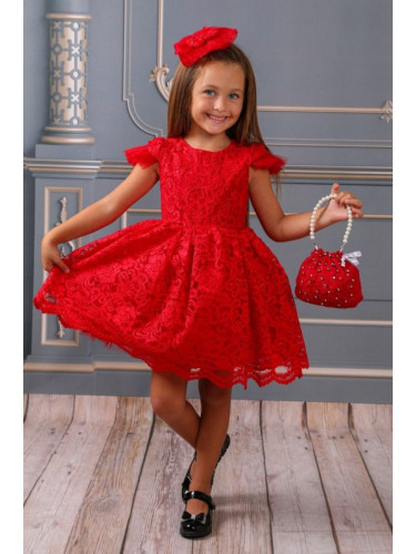Детска рокля с къс ръкав от дантела в червено на цветя, панделка за ко