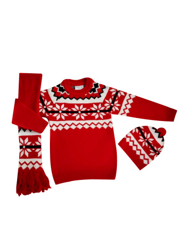 Детски коледен пуловер в червено с шапка и шал