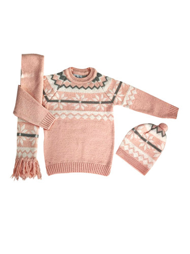 Детски коледен пуловер в розово с шапка и шал
