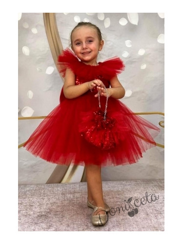 Официална детска рокля без ръкав с богат тюл и чантичка в червено