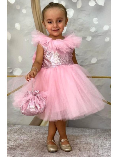Официална детска рокля без ръкав с богат тюл и чантичка в розово