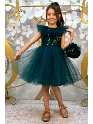 Официална детска рокля без ръкав с богат тюл в тъмнозелено