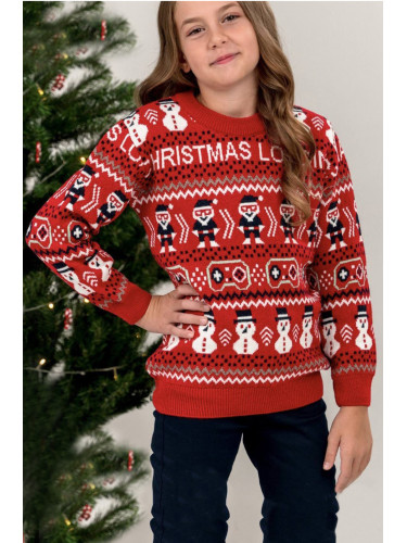 Детски коледен пуловер в червено и бяло за момиче 235526