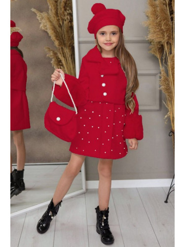 Комплект от рокля с перли, пухкаво сако в червено, чанта и барета