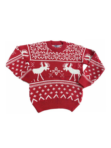 Детски коледен пуловер в червено с еленчета