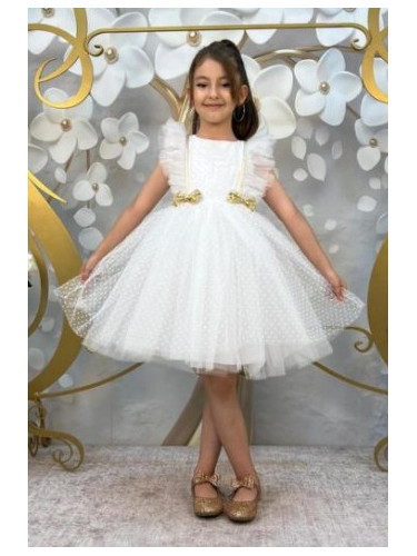 Официална детска рокля без ръкав с богат тюл в бяло