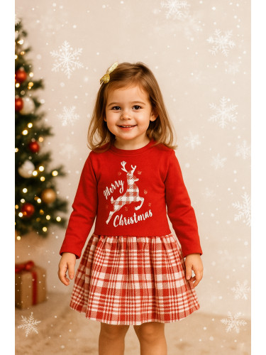 Детска коледна рокля в червено и каре с елен и надпис Весела Коледа Ка