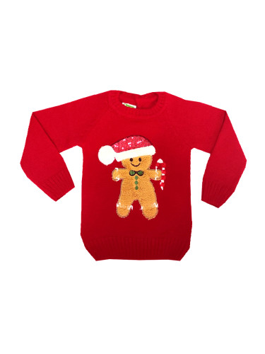 Детски коледен пуловер в червено с бисквитка