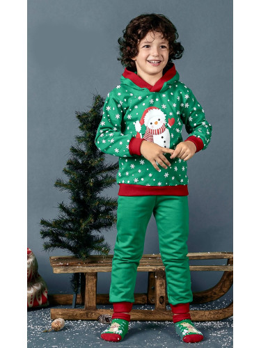 Коледен комплект в зелено с червено със снежен човек и снежинки и качу