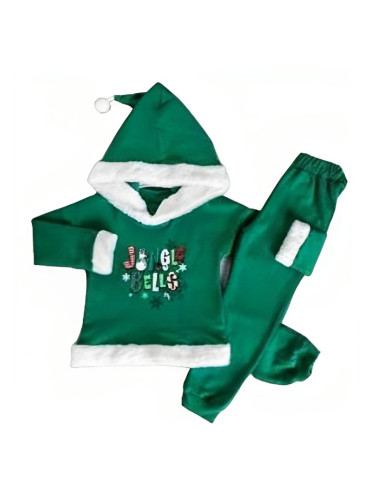 Коледен комплект в зелено с надпис Jungle bellsс качулка