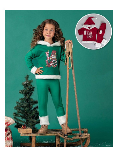 Коледен комплект в зелено с надпис "LOVE" и снежен човек и качулка