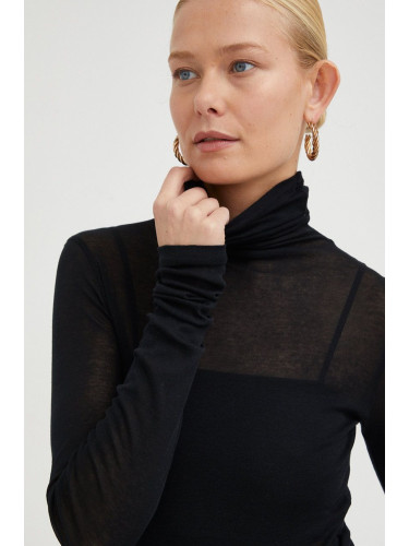 Памучна блуза с дълги ръкави American Vintage T-SHIRT ML COL ROULE в черно с поло MAS08
