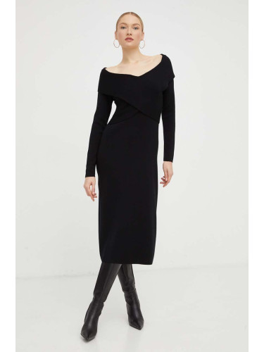 Вълнена рокля Luisa Spagnoli в черно среднодълга с кройка по тялото
