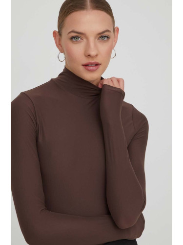 Блуза с дълги ръкави Abercrombie & Fitch в кафяво с ниско поло