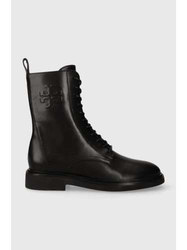 Кожени боти Tory Burch DOUBLE T COMBAT BOOT в черно с равна подметка 154336-006