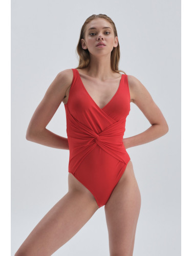 Dagi Red V-Neck Compressing Draped Swimsuit