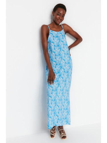 Trendyol Blue Straight Cut Maxi Woven Viscose Strap Patterned Woven Dress