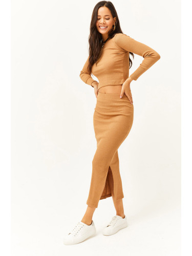 Olalook Women Camel Crew Neck Blouse Slit Skirt Lycra Suit