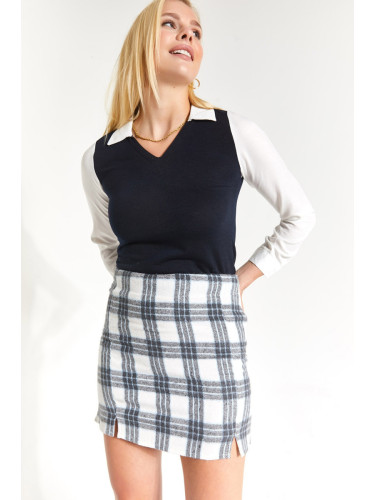armonika Women's Baby Blue Checkered Stitched Slit Mini Skirt