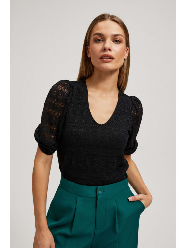 Marisse Lace Blouse With Puffed Sleeves, Black