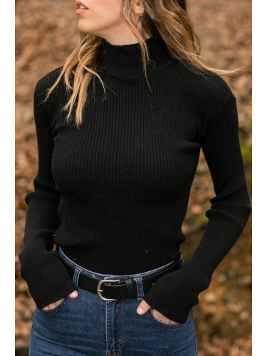 XHAN Дамски черен черен половин пуловер с поло