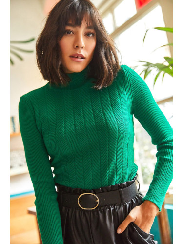 Olalook жените изумрудено зелено половината поло зигзаг текстурирани меки трикотаж пуловер