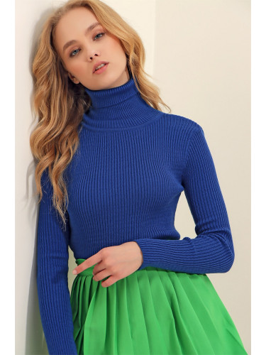 Тенденция Alaçatı Stili Дамски саксонски син кадифено кадифе трикотаж пуловер