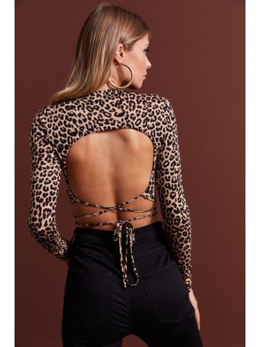 Cool & Sexy Women's Camel Decollete Leopard Print Crop Blouse
