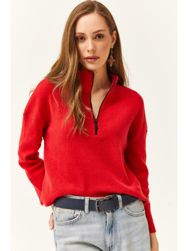 Olalook жените червен цип високо врата повдигнат пуловер